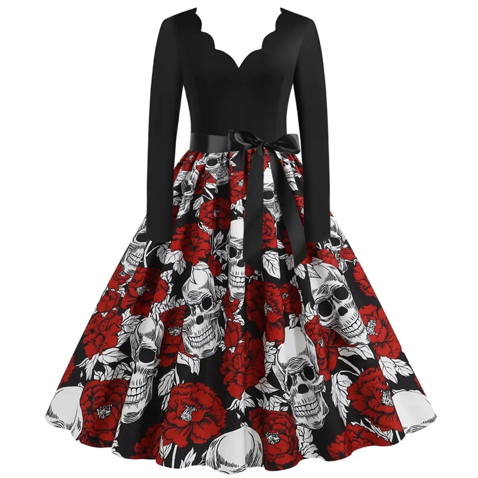 Chic skull pattern midi dress with a V-neck, long sleeves, and bold swing skirt design.