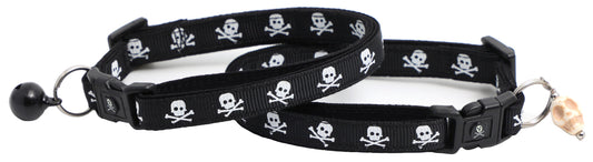 Black cat collar with skulls and crossbones pattern, featuring a removable bell and charm.