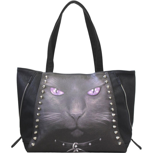BLACK CAT tote bag with purple-eyed cat design and studs on PU leather.