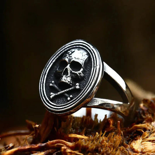 Vintage stainless steel skull ring with bold skull design on dark background, showcasing high-quality craftsmanship.