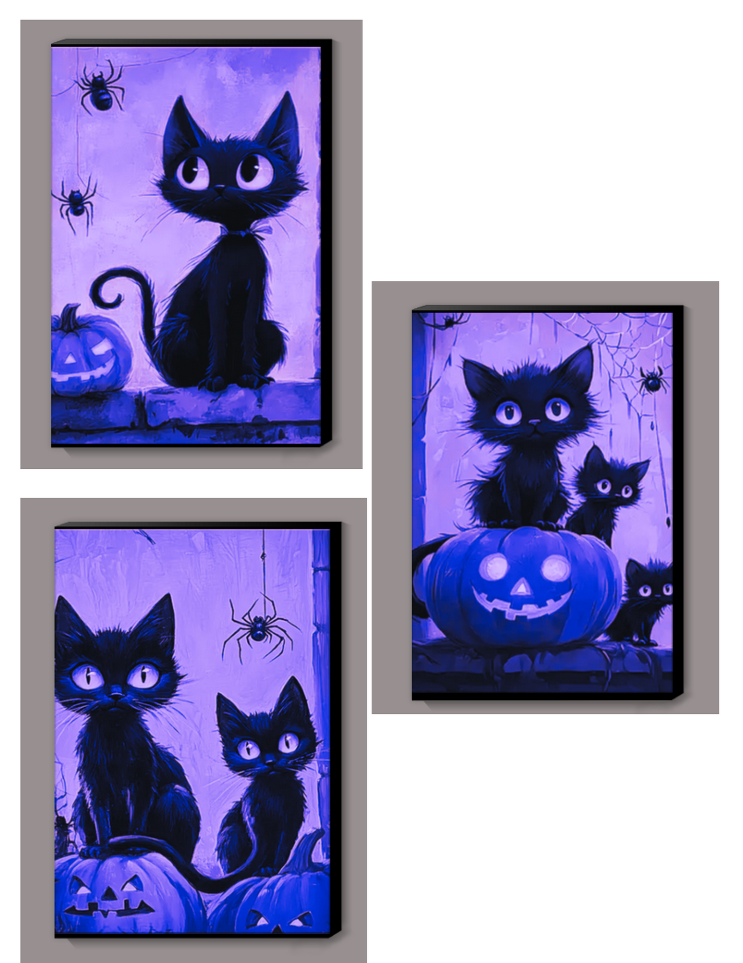 Amethyst black cat canvas prints featuring black cats and Halloween pumpkins with vivid purple tones