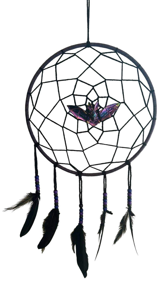 Handmade gothic dreamcatcher with black web, purple bat centerpiece, and black feathers decor