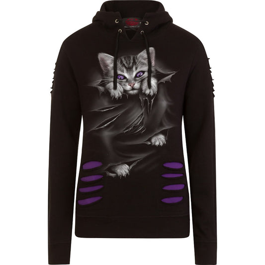 Large purple-black hoody with cute kitten design and purple eyes, featuring a slashed top.