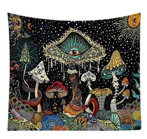 Polyester Skull Mushroom Tapestry with geometric abstraction and starry mushroom design.