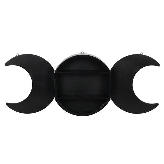 Triple Moon Shelving Display with central storage and crescent displays in black.