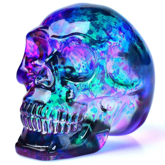 Crystal Skull Head Statue, Purple Green Gemstone, Halloween Decor Gift.