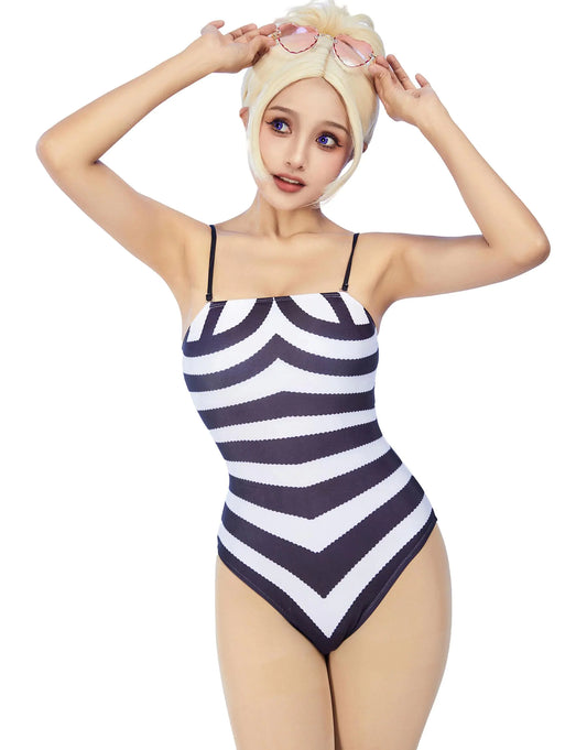 Gothic swimsuit anime one-piece  with black and white stripes, polyester spandex material.