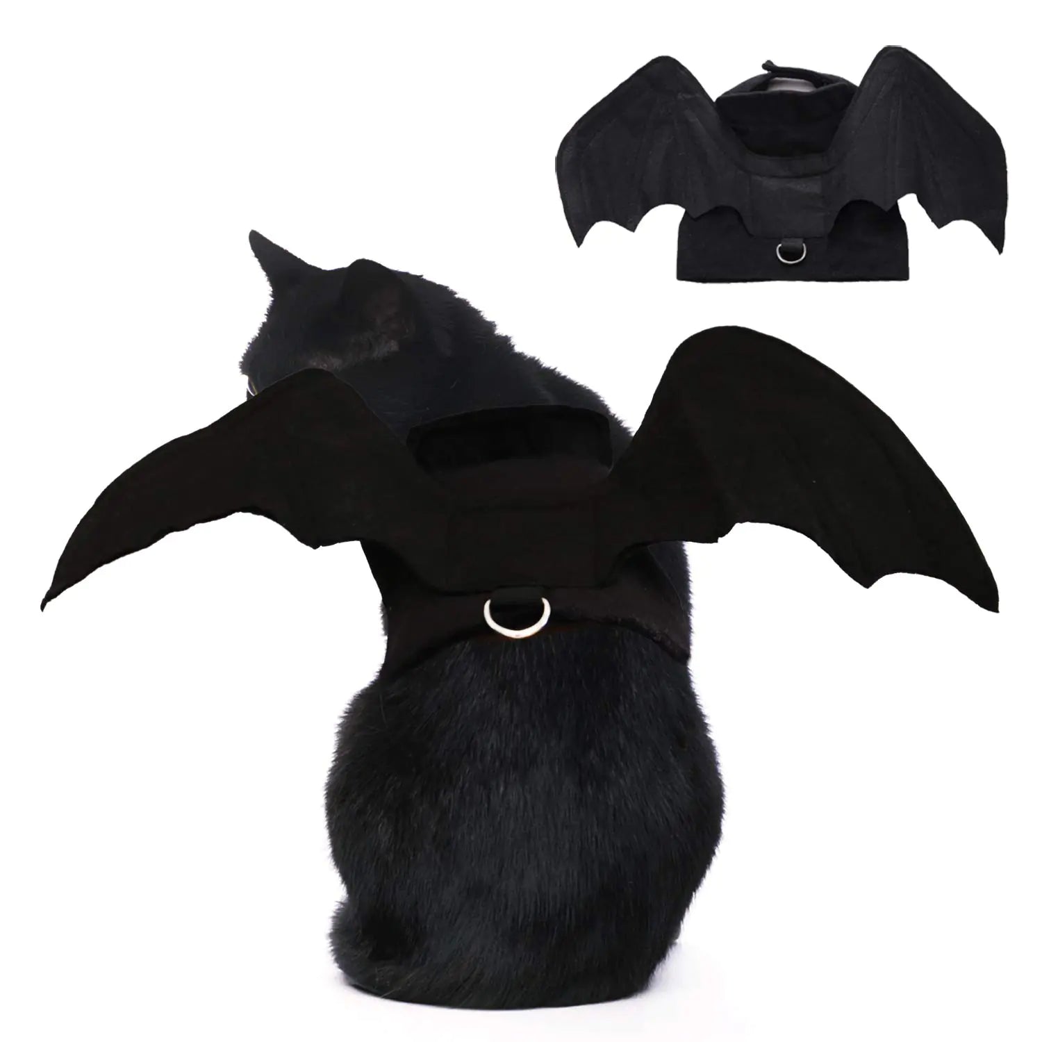 Small pet dressed in ShadowBat costume with black felt bat wings, ideal for Halloween or parties.