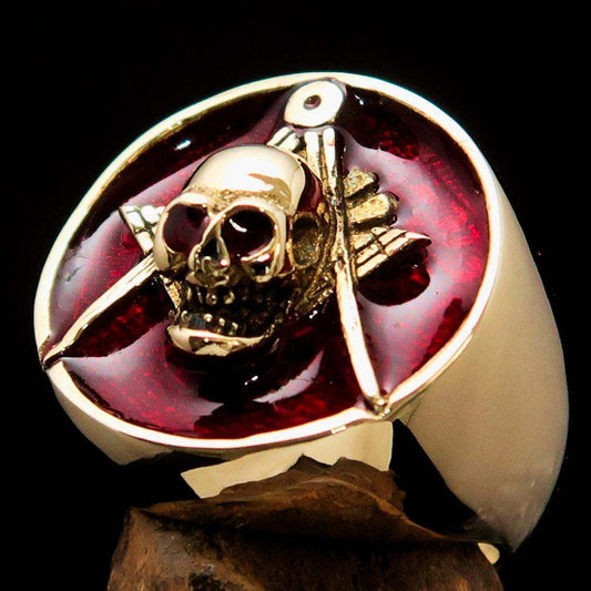 Men's Masonic Skull Ring in solid brass with red enamel and high polish finish