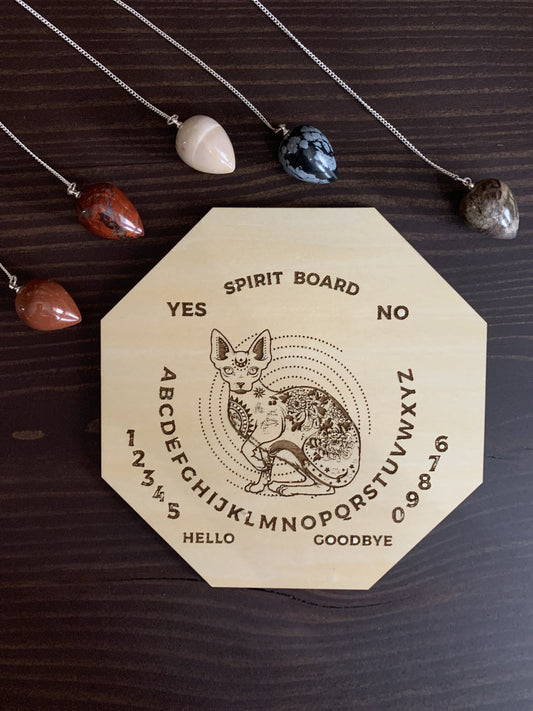 Wood Mystic Cat Pendulum Spirit Board made from maple wood for divination and intuition.
