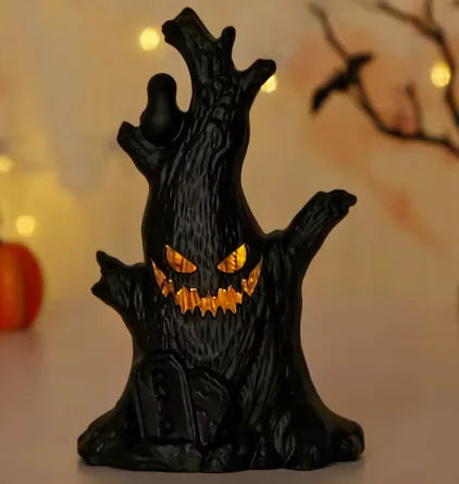 Spooky Pumpkin Lamp & Ghost Stump