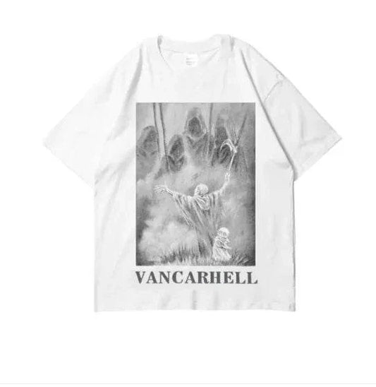 Oversized white skull graphic t-shirt with edgy design for street fashion.