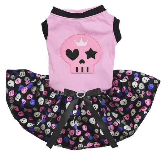 Petitebella Pink Skull face puppy dress with rainbow skull pattern for small dogs, size small.