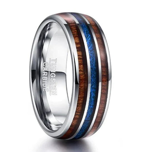 Stylish tungsten ring with wood and blue inlay design.