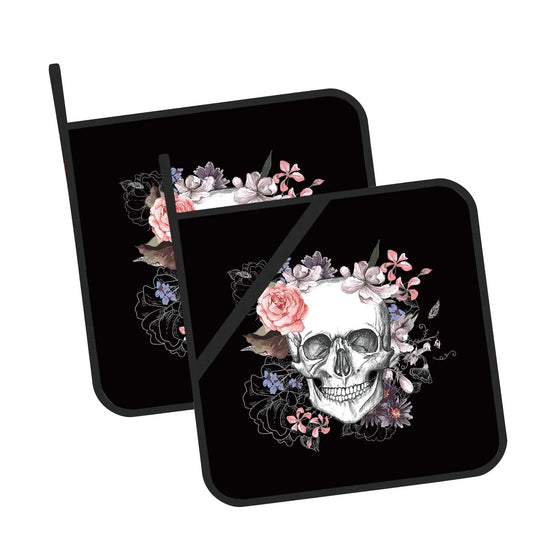 Skull with Flowers Pot Holders Set of 2 Kitchen Heat Resistant Potholder for Microwave Cooking Baking Oven End Dishes and BBQ