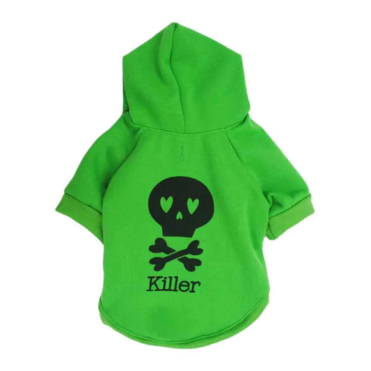 Green fleece dog hoodie with black skull design for Halloween.