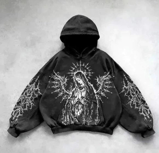 Vintage skull print hoodie with striking pattern and relaxed fit.