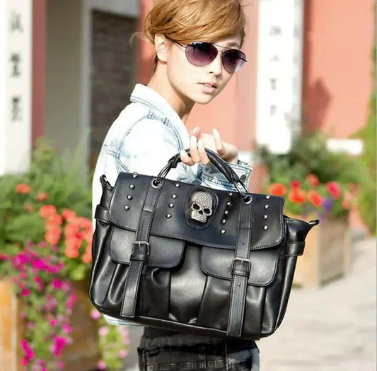Skull Handbag Versatile Tote Bag with Edgy Design and Stud Accents