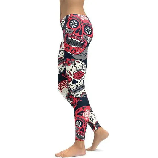 Skull print fashion leggings with vibrant design, perfect for bold style.