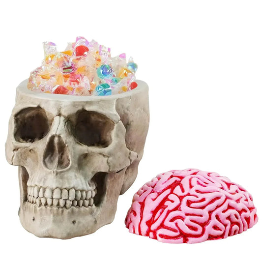 Poorbone Skull Bowl made of resin with brain cover, used as candy dish or flower pot.