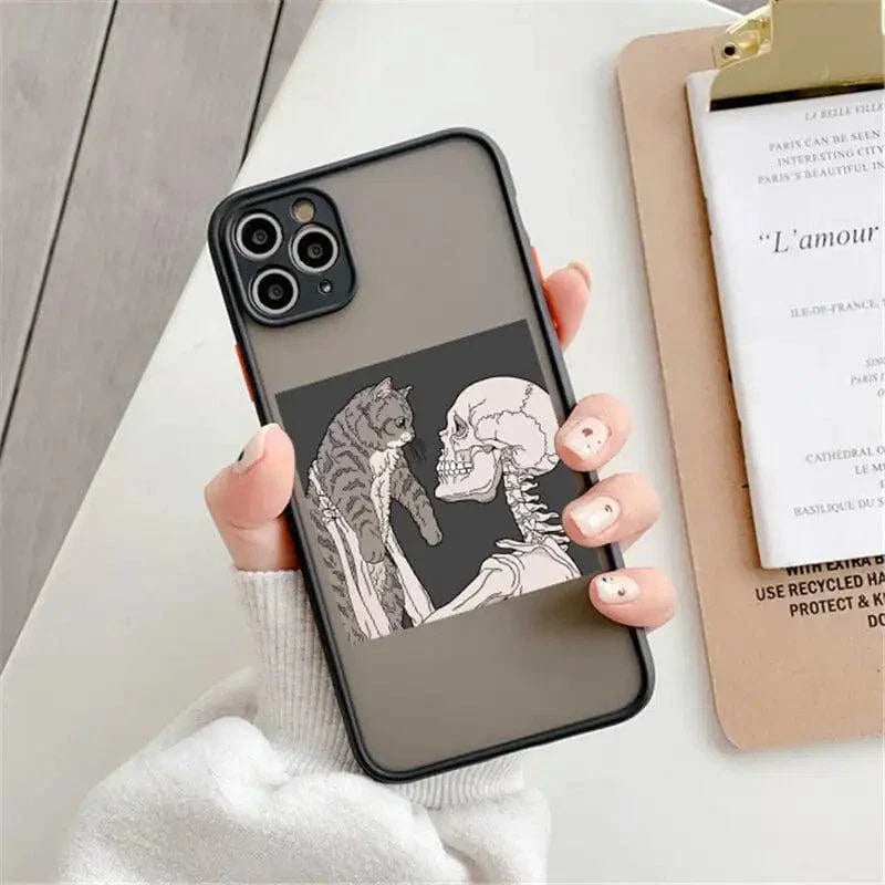 Creative skull print phone case for Apple models, TPU and PC material, scratch protection, unique design.