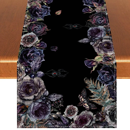 Gothic Skulls Linen Table Runner - 13x90 Halloween Decor