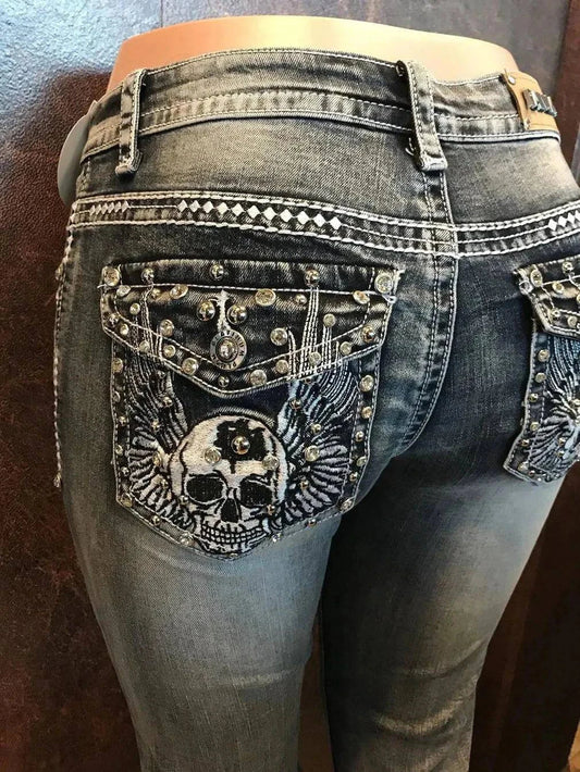 Chic Skull Embroidered Slim Jeans