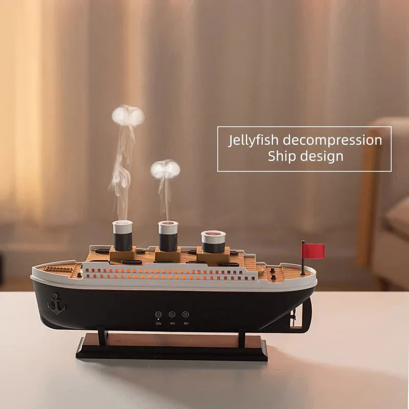 Essential Oil Diffuser with thick mist in a steamship design, featuring LED lights, on a table.
