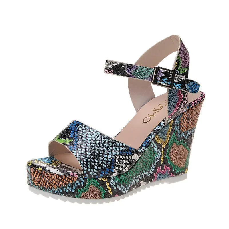 Chic Slope-Heel Buckle Sandals