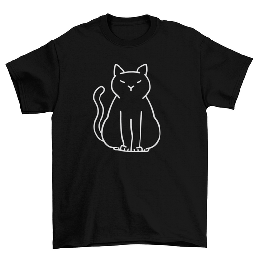 Minimalist cat t-shirt with stroke cat design on black fabric.