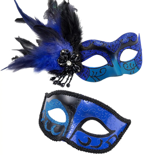 2024 Venetian Couples Mask Set - Blue Feathered Masquerade