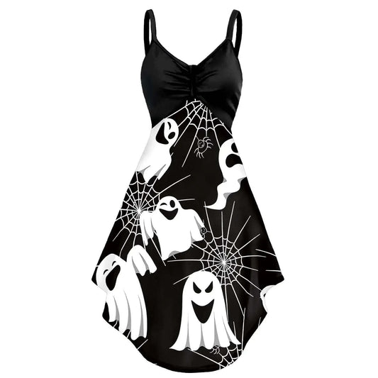 Halloween Chic Skull Print Midi Dress