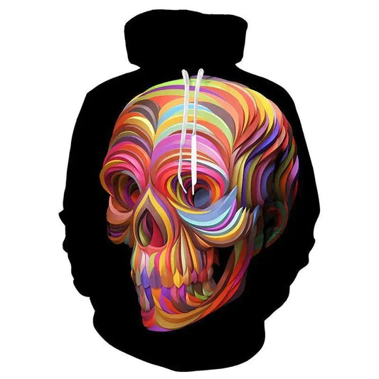 Black hooded sweatshirt with colorful skull design, long sleeves, and round neck.