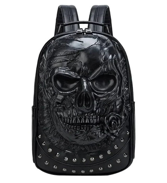 Three-dimensional embossed skull backpack in black PU leather.