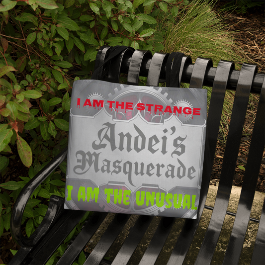 Strange & Unusual Tote Bag with unique design on a bench.