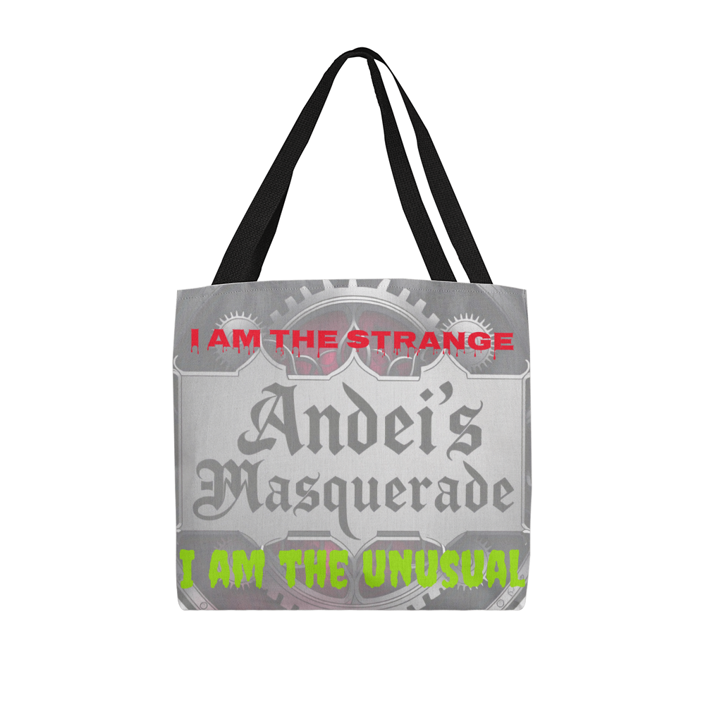 Strange & Unusual Tote Bag with unique design and black handles.