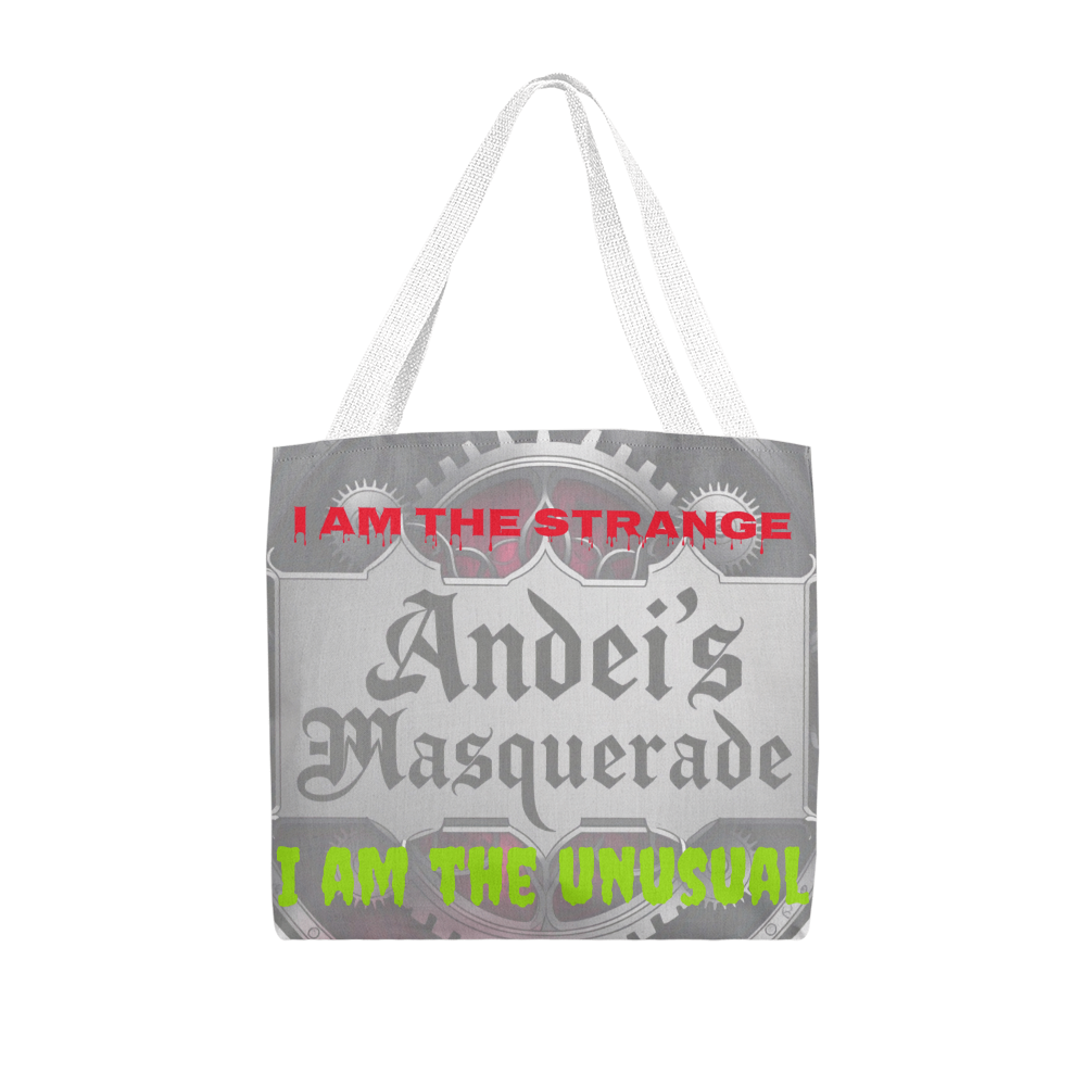 Strange & Unusual Tote Bag with unique design and customizable handle colors.