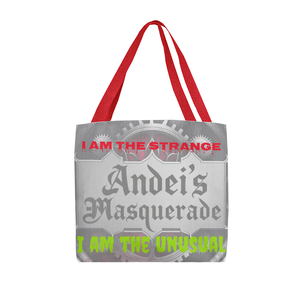 Strange & Unusual Tote Bag with red handles and custom printed design.