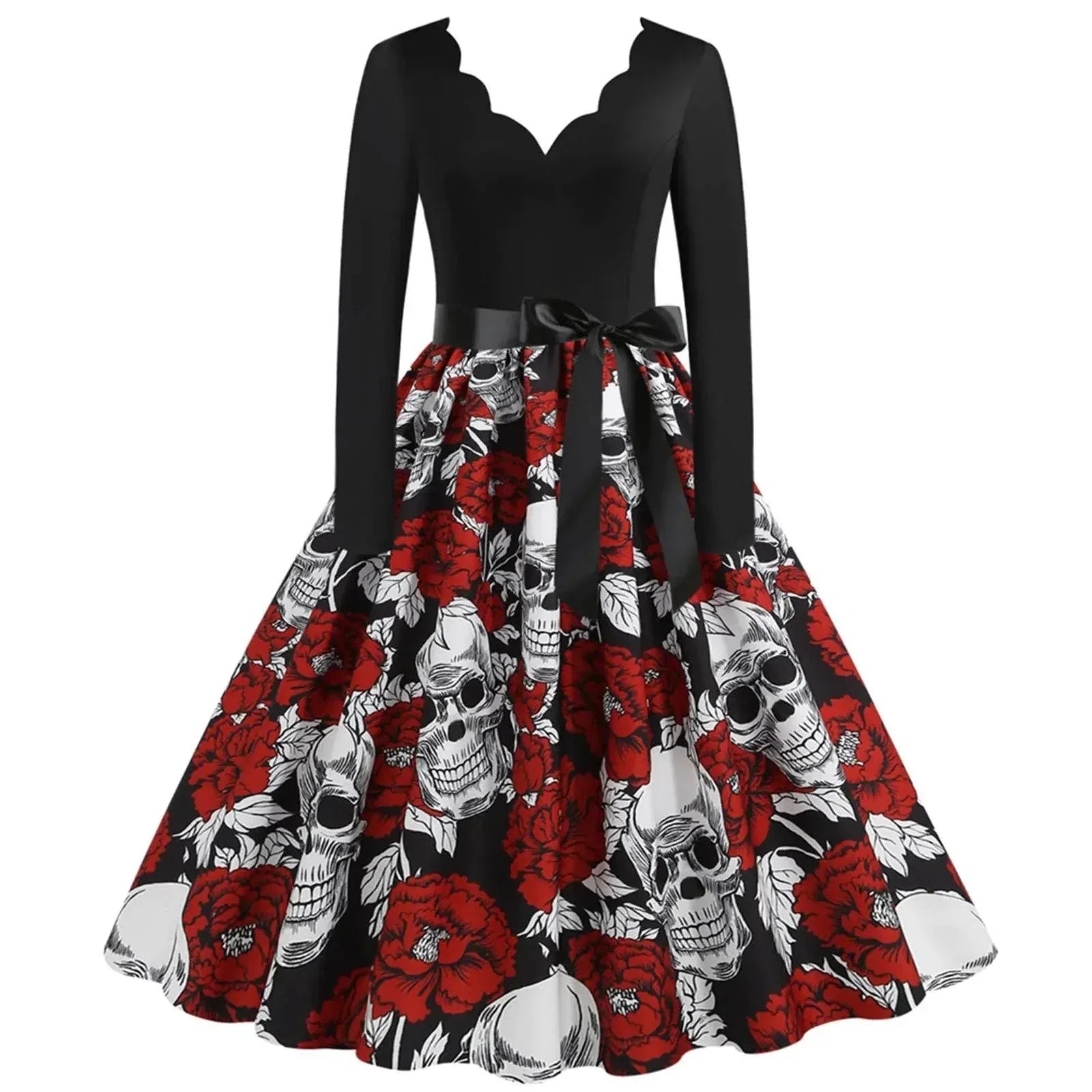 Chic skull pattern midi dress with a V-neck, long sleeves, and bold swing skirt design.