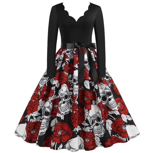 Chic skull pattern midi dress with a V-neck, long sleeves, and bold swing skirt design.