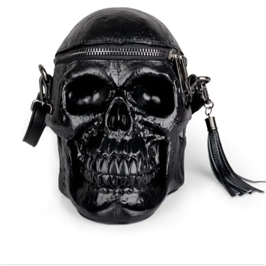 Black Skull Charm Shoulder Bag in PU material with gothic design.