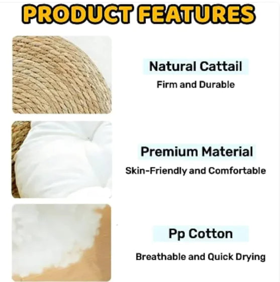 Handmade pet bed woven from natural cattail leaves with premium material and PP cotton filling for comfort and durability.