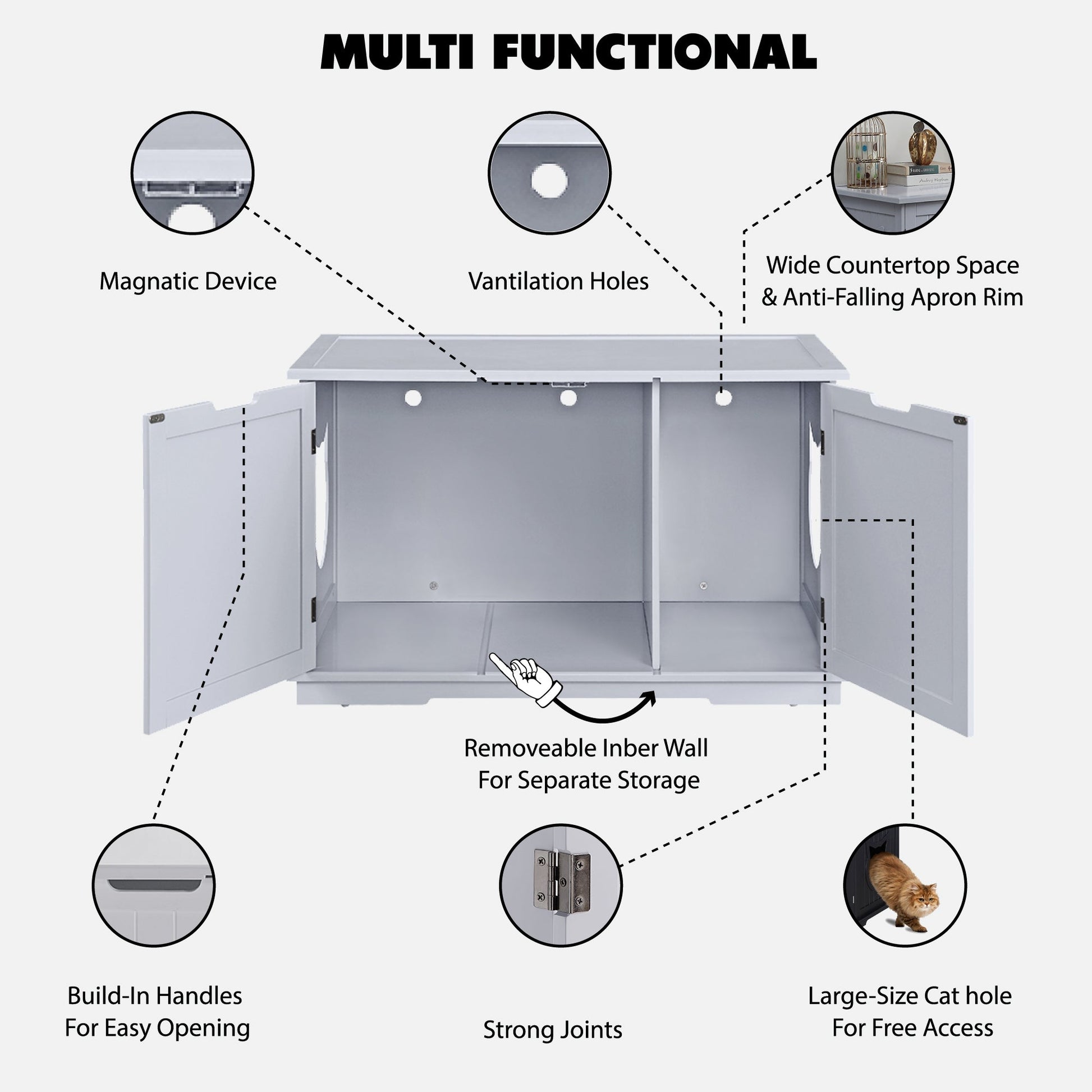 Multi-functional cat washroom bench with ventilation holes, removable inner wall, and cat access hole, featuring a wide countertop and magnetic device for easy opening.