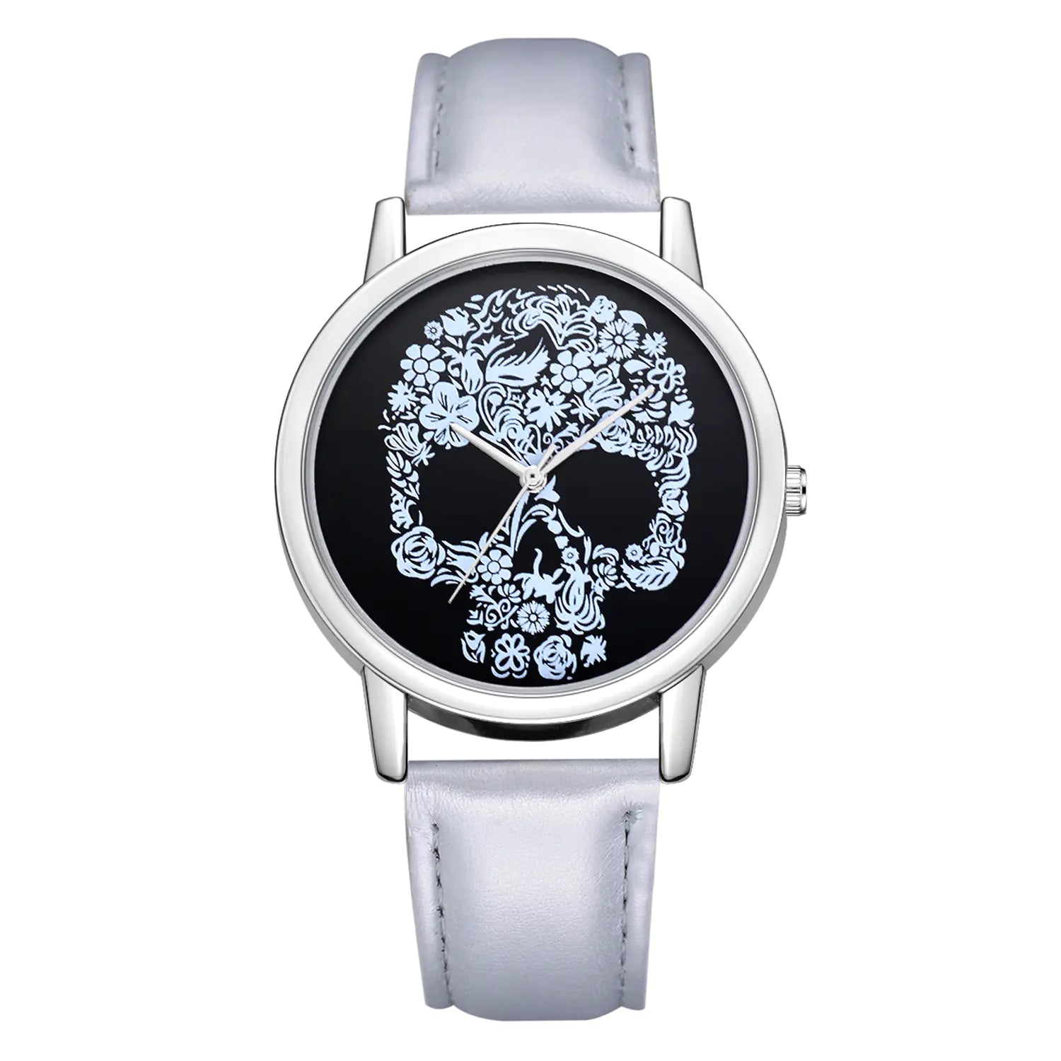 Skull Icon Quartz Watch with floral skull design and light blue strap.
