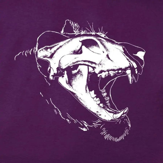 Lion skull graphic on purple shirt from Mission Thread Clothing.