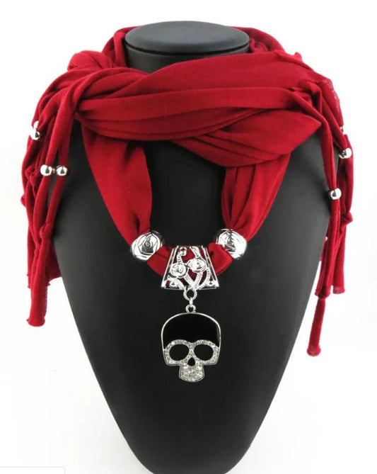 Alloy Skull Pendant Scarf in red with statement skull design, perfect for stylish versatility.