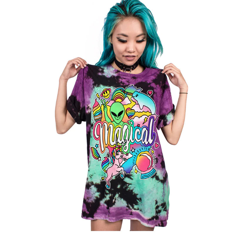 Vibrant 3D Skull Graphic Tee with colorful alien and unicorn print.