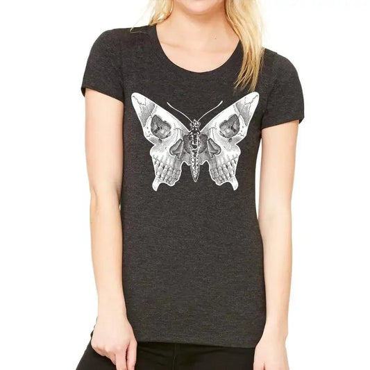 Women's butterfly skull t-shirt, eco-friendly ink, fast free shipping.
