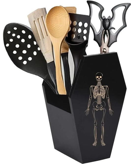 Gothic Coffin Utensil Caddy - Spooky Skeleton Kitchen Organizer