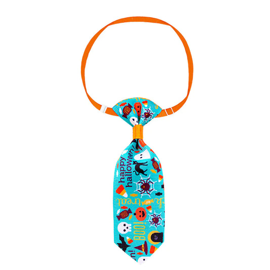 Halloween pet necktie with orange strap featuring colorful spooky skull and ghost design; perfect accessory for cats and small dogs.